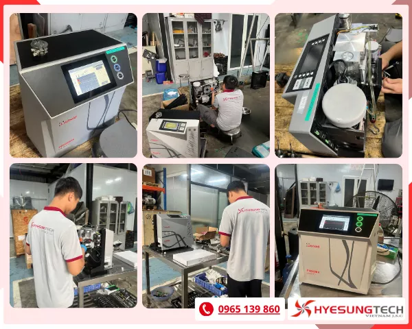 Các kỹ thuật viên đang sửa máy Leak testing